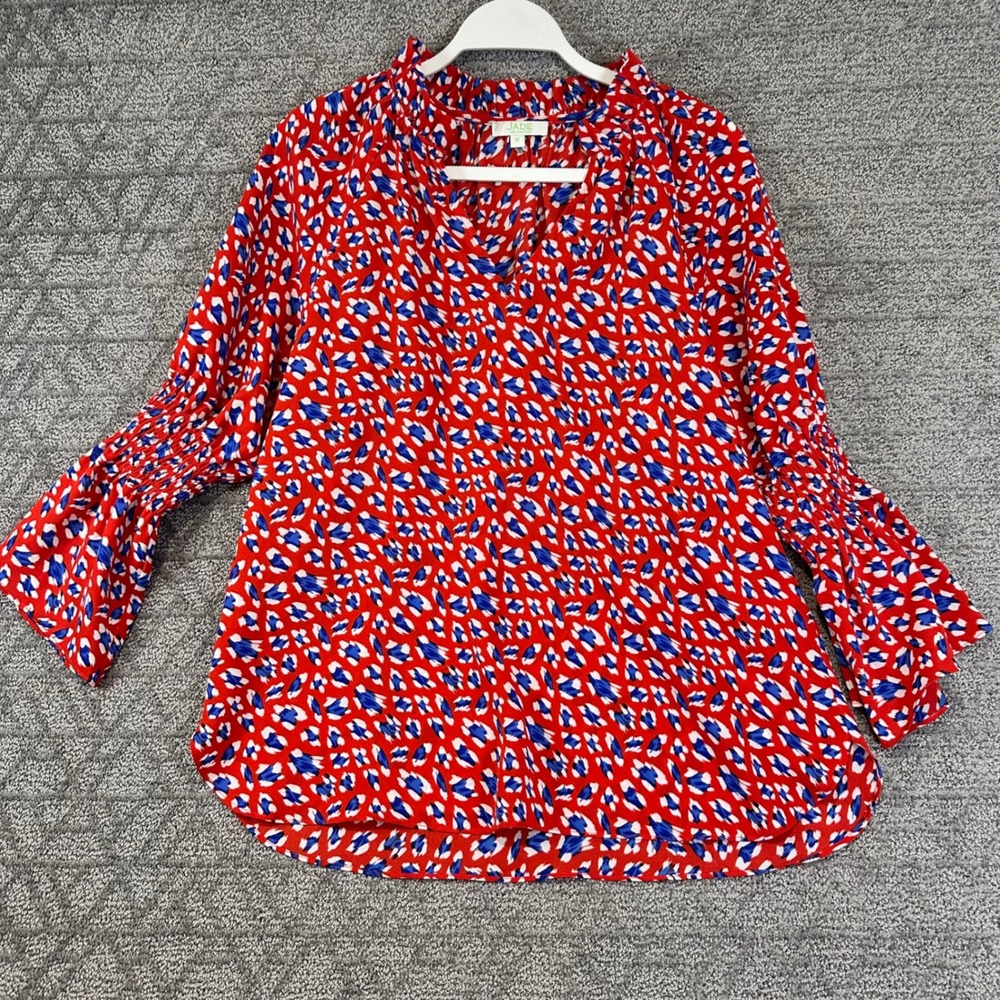 Jade Melody Tam Women's Red Blue Print Long Sleeve Blouse -‎ Size M